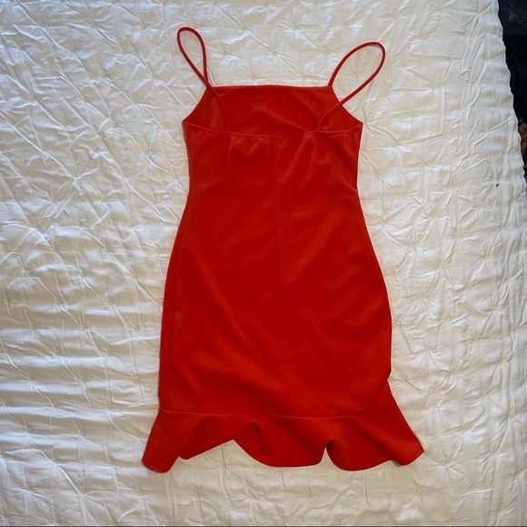 Red orange mini dress with ruffle skirt trim - Picture 2 of 6